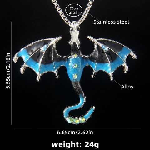 Gothic Dragon Stainless Steel Necklace For Men Enamel Bat Wing Pendant Necklace Rhinestone Inlaid Halloween Punk Jewelry Gift