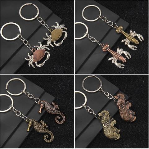 Vintage Metall Tier Schlüsselanhänger Löwe Elefant Adler Pferd Schlange Hummer Krabbe Seepferdchen Bronze Retro Auto Tasche Anhänger