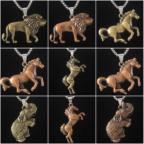 Collana con Pendente Animale in Acciaio Inossidabile Vintage per Uomo Pendente Leone Elefante Cavallo Bronzo Rame Antico