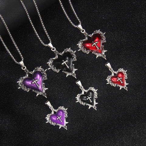 Gothic Stainless Steel Thorn Heart Cross Pendant Necklace Dark Enamel Skull Sword Jewelry For Unisex Gift