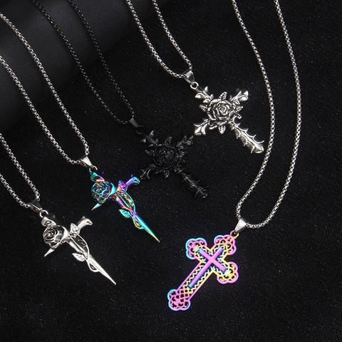 Hip Hop Edelstahl Kreuz Anhänger Halskette Gotisch Skelett Rose Strass Schmuck Für Herren Damen Trend Halskette