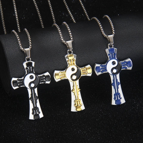 Collar de Cruz de Acero Inoxidable Retro Con Colgante Yin Yang Tai Chi Joyería Hip Hop Gótica para Hombres Niños Mujeres Regalo