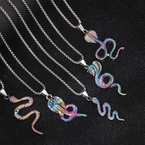 Stainless Steel Iridescent Cobra Snake Pendant Necklace For Men Gothic Hip Hop Colorful Mamba Animal Long Box Chain
