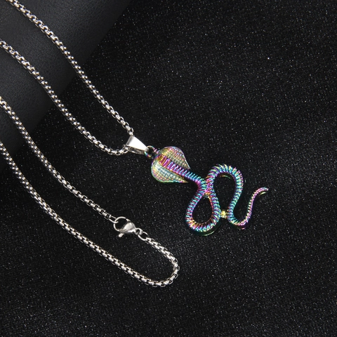 Stainless Steel Iridescent Cobra Snake Pendant Necklace For Men Gothic Hip Hop Colorful Mamba Animal Long Box Chain