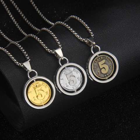 Collana Vintage Con Pendente a Moneta da 5 Centesimi Rotante Catena in Acciaio Inox Lega di Zinco Medaglione Rotondo Inciso