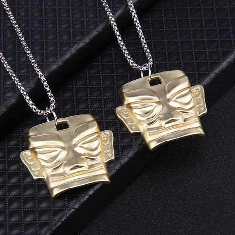 Collana con Pendente Maschera Sanxingdui Vintage Stile Cinese Acciaio Inossidabile Lega Catena Lunga per Maglione Gioielli
