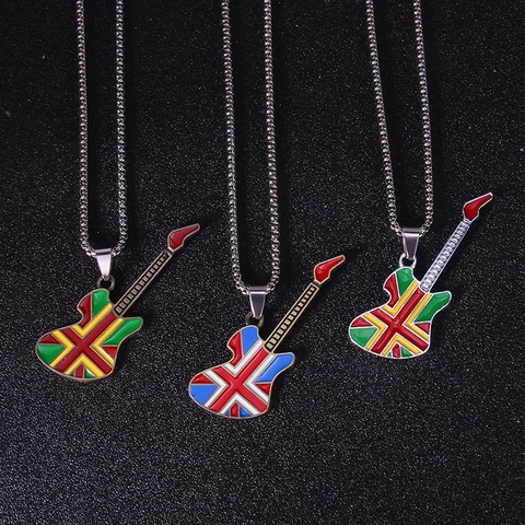Collar con Colgante de Guitarra de Acero Inoxidable Estilo Rock Esmalte Multicolor Bandiera Británica Accesorio de Música Joyería de Regalo Unisex