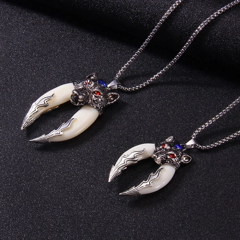 Collar con Colgante de Doble Diente de Cabeza de Lobo Vintage Cadena de Acero Inoxidable Gothic Punk Strass Joyería Hombre