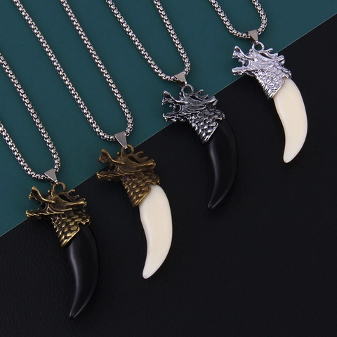 Collana con Pendente a Forma di Testa di Drago e Dente di Lupo Catena in Acciaio Inossidabile per Uomo