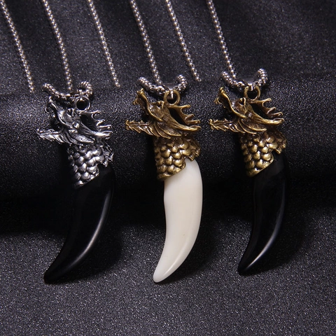 Collana con Pendente a Forma di Testa di Drago e Dente di Lupo Catena in Acciaio Inossidabile per Uomo