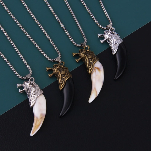Collier Pendentif Tête de Loup Vintage en Acier Inoxydable Alliage Acrylique Dent de Loup Chaîne de Pull pour Homme