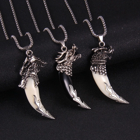 Vintage Ethnic Wolf Fang Pendant Necklace Stainless Steel Chain Dragon Head Tiger Totem Punk Men Jewelry For Daily Wear