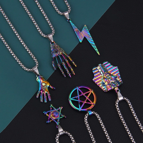Punk Regenbogen Irisierend Edelstahl Anhänger Halskette Pharao Böses Auge Hamsa Hand Blitz Stern Hip Hop Schmuck Geschenk