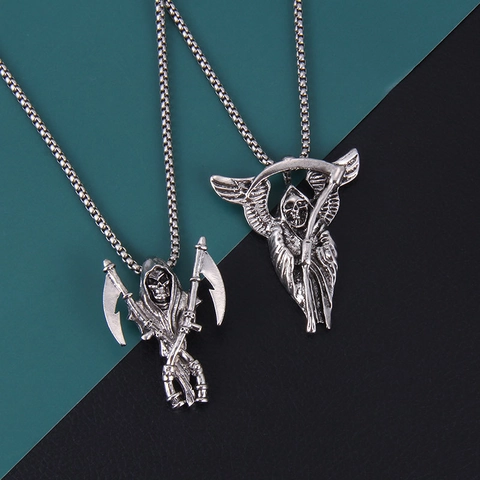 Collier Pendentif Faucheuse Crâne Faux en Alliage Acier Inoxydable Chaîne Vénitienne Vintage Punk Hip Hop Bijoux pour Hommes Femmes