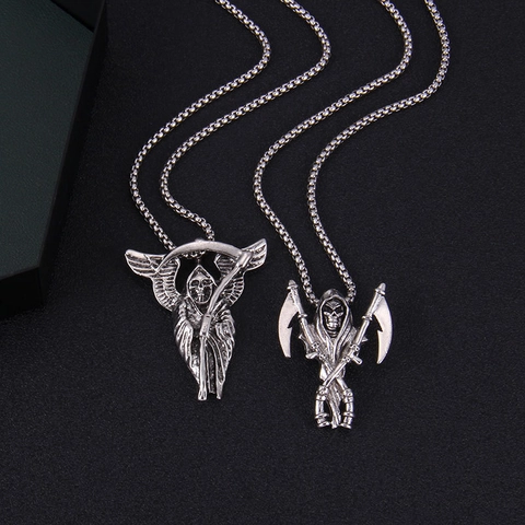 Collier Pendentif Faucheuse Crâne Faux en Alliage Acier Inoxydable Chaîne Vénitienne Vintage Punk Hip Hop Bijoux pour Hommes Femmes