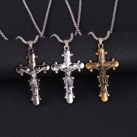 Vintage Jezus Crucifix Hanger Halsketting Voor Mannen Vrouwen Roestvrij Staal Box Ketting Legering INRI Kruis Religieuze Sieraden Cadeau