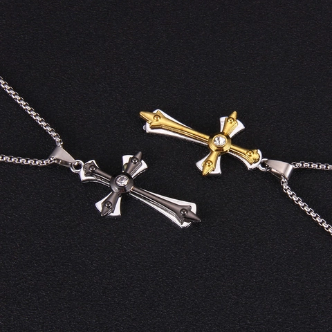 Collier Croix Gothique Vintage en Acier Inoxydable pour Hommes Femmes Pendentif Incrusté de Strass Chaîne Vénitienne Bijoux Longs