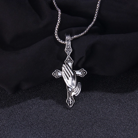 Collar con Colgante de Cruz de Manos en Oración de Acero Inoxidable para Hombre Mujer Punk Gótico Plata Antigua Joyería Regalo