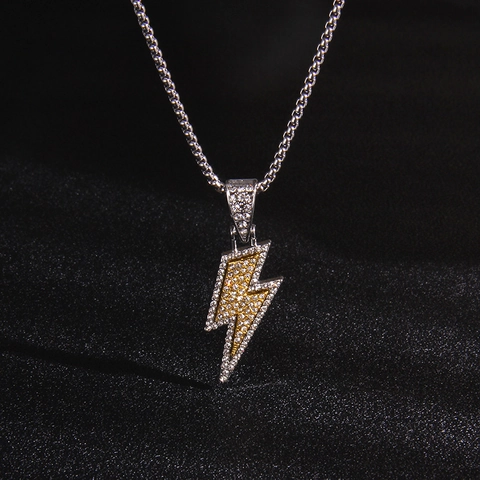 Collana Pendente a Forma di Fulmine Hip Hop Bicolore Catena in Acciaio Inossidabile Lega Strass Gioielli alla Moda Donna Uomo