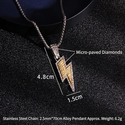 Collana Pendente a Forma di Fulmine Hip Hop Bicolore Catena in Acciaio Inossidabile Lega Strass Gioielli alla Moda Donna Uomo