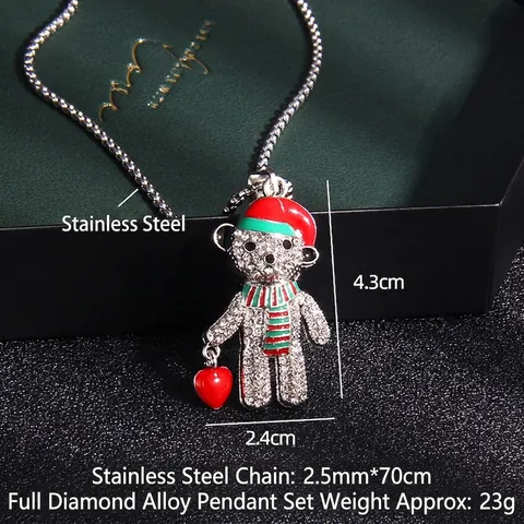 Exquisito Collar con Colgante de Oso de Navidad de Acero Inoxidable Diamantes de Imitación Corazón Incrustado Joyería Dibujos