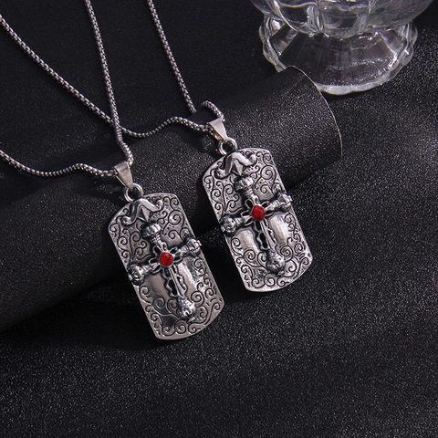 Gothic Retro Stainless Steel Cross Pendant Necklace Antique Silver Hip Hop Rhinestone Square Dog Tag Jewelry For Men Women