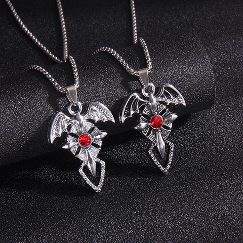 Collar con Colgante de Cruz y Alas de Murciélago Gótico Acero Inoxidable Aleación Strass Piedra Roja Punk Hip Hop Joyería de Halloween