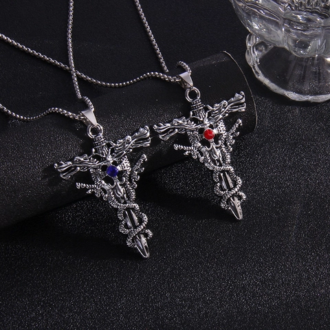Collar con Colgante de Cruz de Espada de Dragón Gótico Punk para Hombre Mujer Acero Inoxidable Aleación Strass Joyería