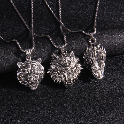 Collar con Colgante de Cabeza de Lobo León Tigre de Acero Inoxidable Vintage Hombre Punk Gótico Joyería de Aleación