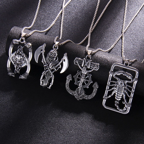 Collar con Colgante de Acero Inoxidable Gothic Punk Plata Antigua Parca Escorpión Cabeza de Lobo Ancla Cruz Colgante Joyería para Hombre Mujer