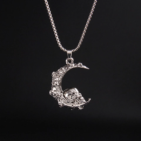 Collar con Colgante de Luna y Cráneo Gótico de Acero Inoxidable Aleación Joyería Punk para Hombre Mujer Luna de Cráter