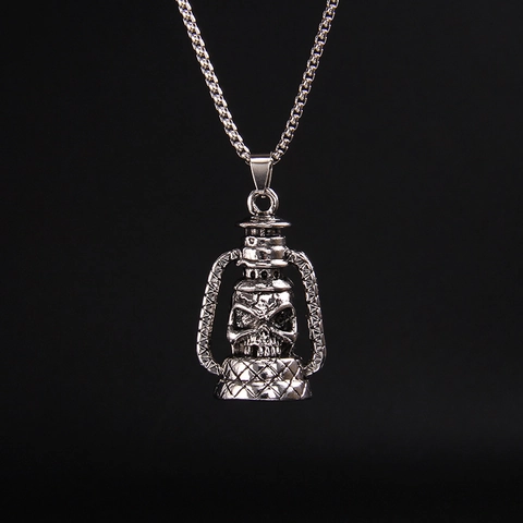Collar con Colgante de Lámpara de Queroseno con Calavera Vintage Retro Punk Gótico Joyería de Acero Inoxidable Aleación