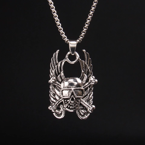 Collar con Colgante de Calavera y Alas de Ángel Punk de Acero Inoxidable Cadena de Caja Aleación Gótico Plata Vintage Hip Hop Rock Joyería para Hombre Mujer