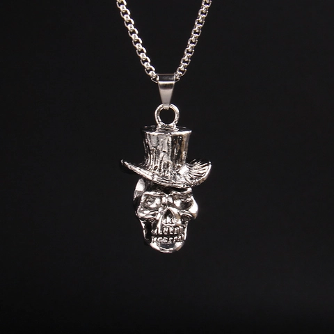 Collar con Colgante de Calavera con Sombrero de Copa Retro Punk Gótico para Hombre Cadena de Acero Inoxidable Joyería