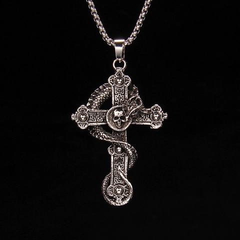 Collar Punk Gótico de Dragón Enrollado en Cruz con Colgante de Calavera Cadena de Acero Inoxidable para Hombre Mujer Joyería Plata Antigua