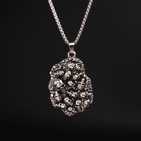 Gothic Punk Stainless Steel Skull Pendant Necklace For Men Women Antique Silver Alloy Cluster Skull Head Rock Hip Hop Jewelry