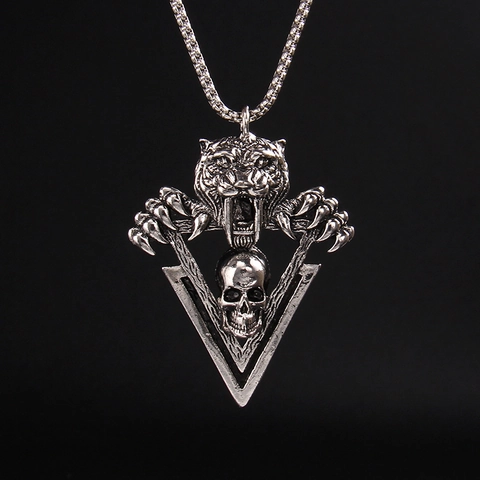 Collar con Colgante de Cabeza de Tigre y Calavera Punk Gótico para Hombre Mujer Cadena de Aleación de Acero Inoxidable Retro