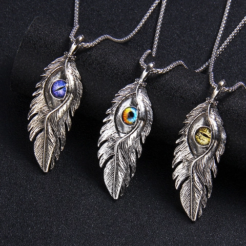 Retro Feather Evil Eye Pendant Necklace Stainless Steel Box Chain Alloy Vintage Gothic Angel Wings Neckwear Jewelry For Unisex
