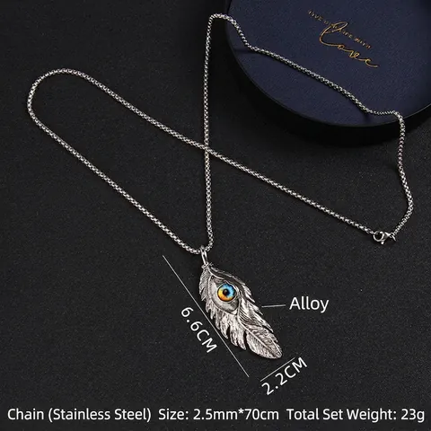 Retro Feather Evil Eye Pendant Necklace Stainless Steel Box Chain Alloy Vintage Gothic Angel Wings Neckwear Jewelry For Unisex