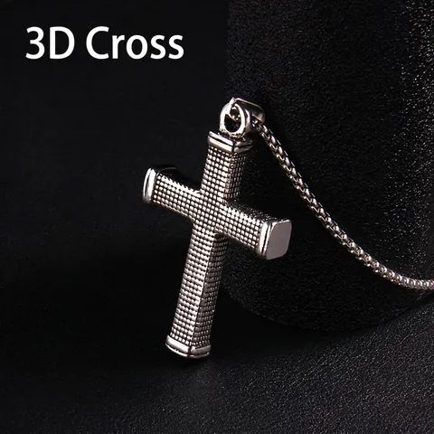 Retro Unisex 3D Kruis Hanger Halsketting Roestvrij Staal Box Ketting Legering Grid Textuur Religieuze Hip Hop Sieraden