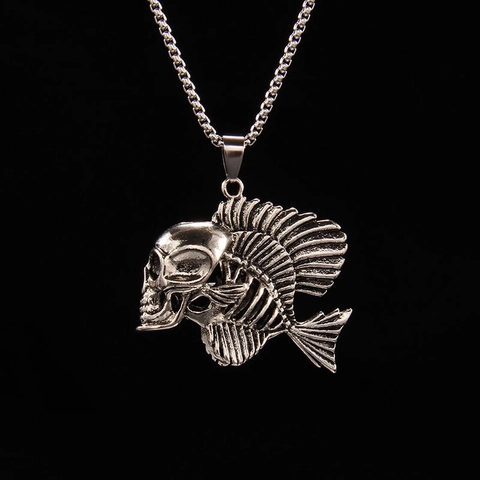 Collar con Colgante de Esqueleto de Pescado de Cráneo Punk de Plata Vintage para Hombres Mujeres Goth Hip Hop Joyas de Aleación de Acero Inoxidable