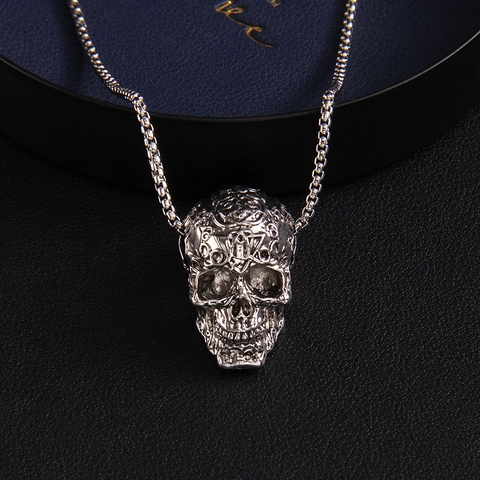 Collar con Colgante de Calavera Tallada Vintage Gótico para Hombre Mujer Cadena de Caja de Acero Inoxidable Joyería Hip Hop Punk Rock Color Plata