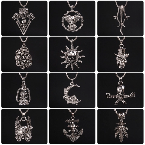 Punk Gothic Totenkopf Anhänger Halskette für Herren Edelstahl Legierung Vintage Heavy Metal Skelett Halloween Schmuck Geschenk