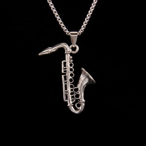 Collar con Colgante de Saxofón Instrumento Musical Hip Hop de Acero Inoxidable Aleación Plata Retro para Amantes de la Música