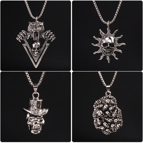 Punk Gothic Totenkopf Anhänger Halskette für Herren Edelstahl Legierung Vintage Heavy Metal Skelett Halloween Schmuck Geschenk