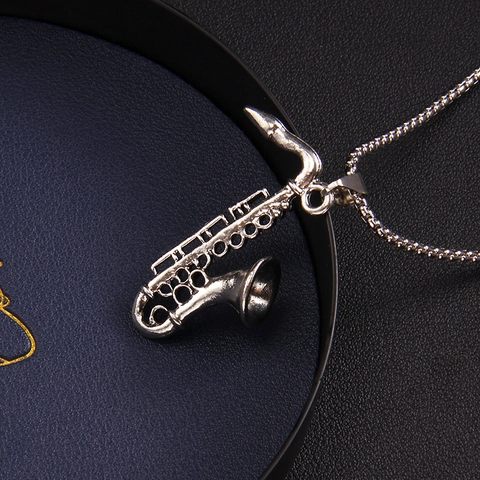 Collar con Colgante de Saxofón Instrumento Musical Hip Hop de Acero Inoxidable Aleación Plata Retro para Amantes de la Música