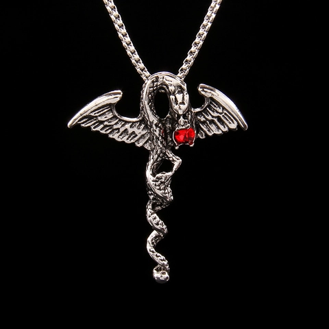 Gothic Hip Hop Drache Kreuz Halskette Flügel Anhänger Edelstahlkette Roter Strass Inlaid Schmuck Für Unisex