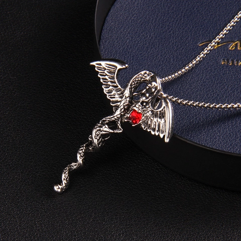 Gothic Hip Hop Drache Kreuz Halskette Flügel Anhänger Edelstahlkette Roter Strass Inlaid Schmuck Für Unisex