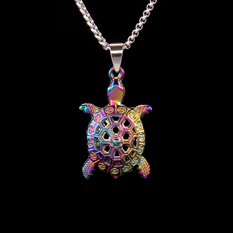 Iridescent Sea Turtle Pendant Necklace Stainless Steel Box Chain Hollow Design Hip Hop Trendy Jewelry For Unisex