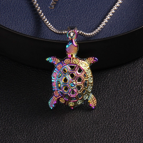 Iridescent Sea Turtle Pendant Necklace Stainless Steel Box Chain Hollow Design Hip Hop Trendy Jewelry For Unisex